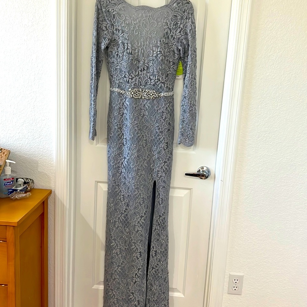Windsor gray lace formal dress.